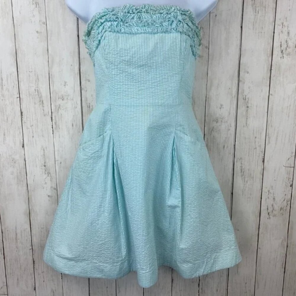 Lilly Pulitzer Blue Ferra Shorely Lucky Seersucker Ruffle Strapless Dress Size 0